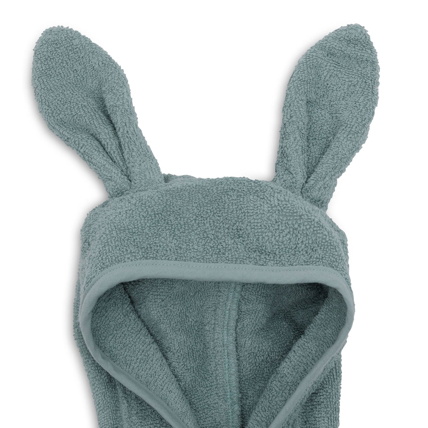 Detail van de badjas 1-2 jaar in sea green van Jollein met capuchon en oortjes, zachte badjas voor na bad of zwemmen.