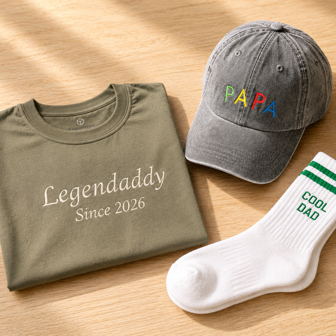T-shirt en pet geborduurd voor Vaderdag 