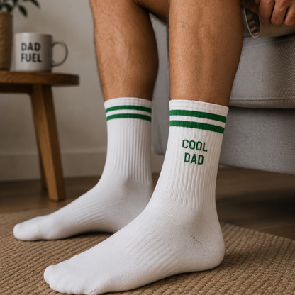 Sportkousen met leuke tekst geborduurd voor Vaderdag bij Krea-Haus