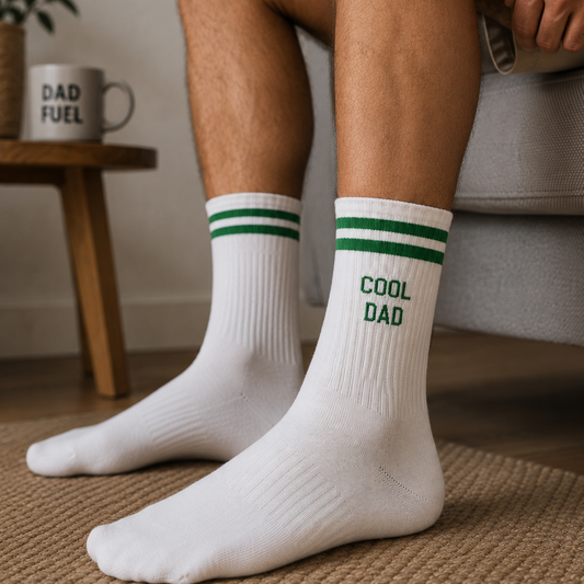 Sportkousen met leuke tekst geborduurd voor Vaderdag bij Krea-Haus