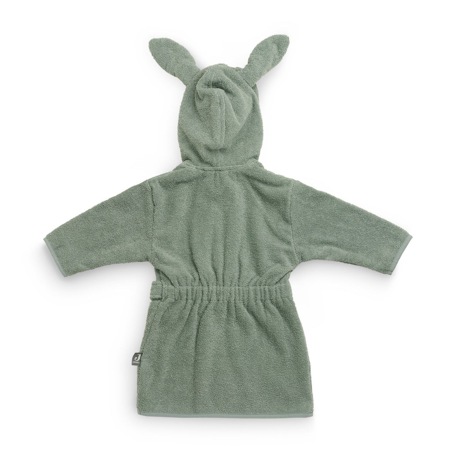 Achterkant van de badjas 1-2 jaar in ash green van Jollein, zachte kinderbadjas met capuchon en elastiek in de rug.