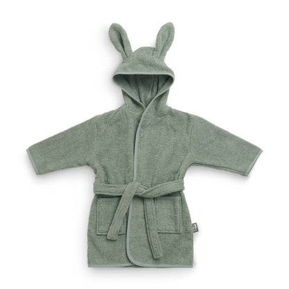 Badjas 1-2 jaar in ash green van Jollein, zachte kinderbadjas met capuchon en oortjes die geborduurd kan worden met naam.