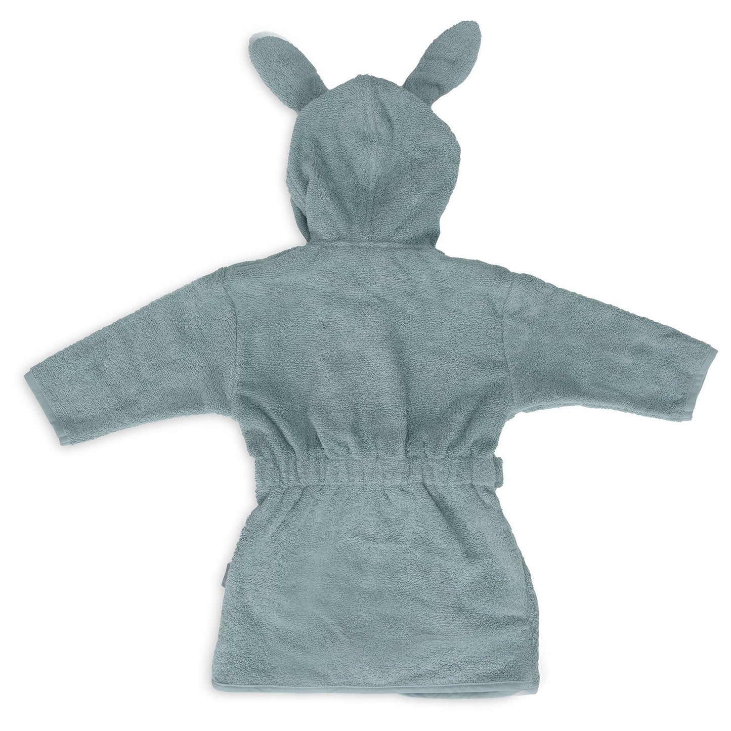Achterkant van de badjas 1-2 jaar in sea green van Jollein, zachte kinderbadjas met capuchon en elastiek in de rug.