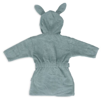 Achterkant van de badjas 1-2 jaar in sea green van Jollein, zachte kinderbadjas met capuchon en elastiek in de rug.