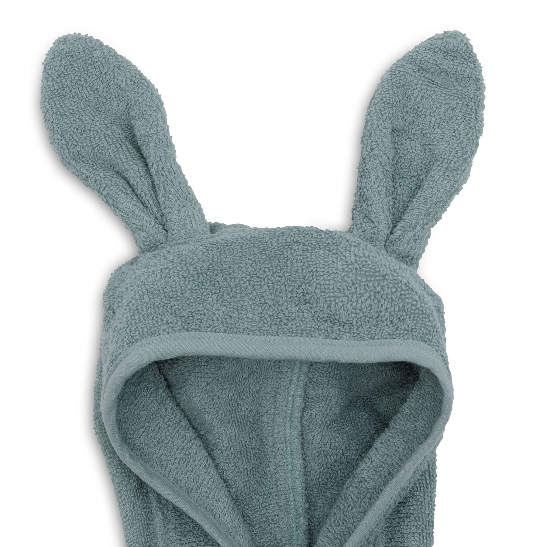 Detail van de badjas 1-2 jaar in sea green van Jollein met capuchon en oortjes, zachte badjas voor na bad of zwemmen.