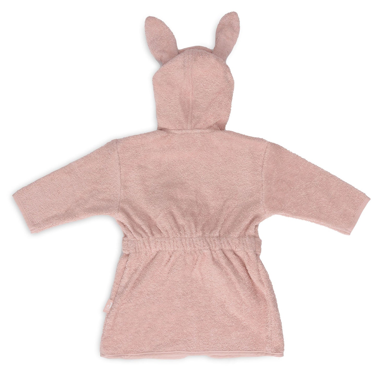 Achterkant van de badjas 1-2 jaar in wild rose van Jollein, zachte kinderbadjas met capuchon en elastiek in de rug.