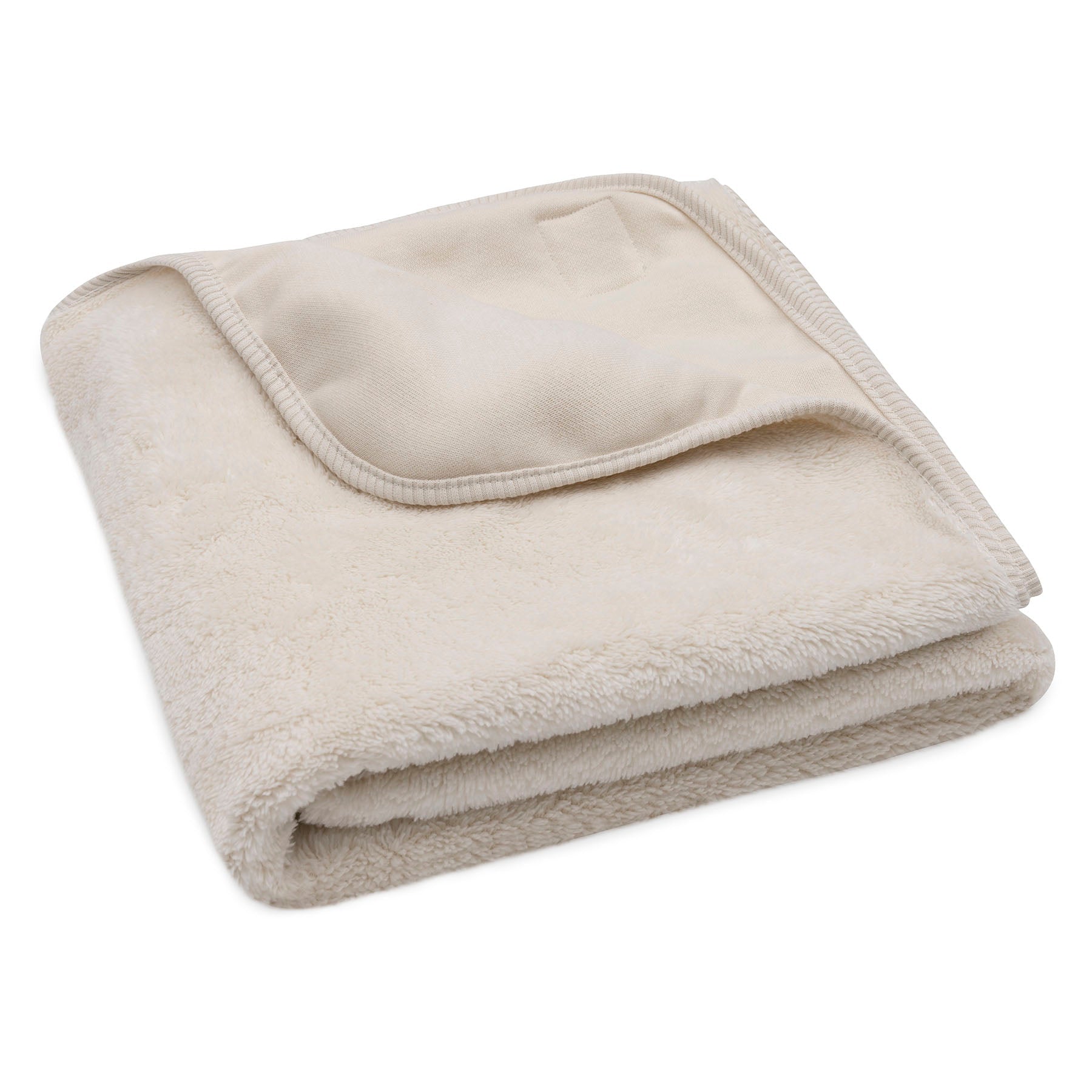 Opgevouwen Basic Jersey Sherpa wiegdeken van Jollein in oatmeal, zachte babydeken met warme sherpa kant en comfortabele jersey zijde.