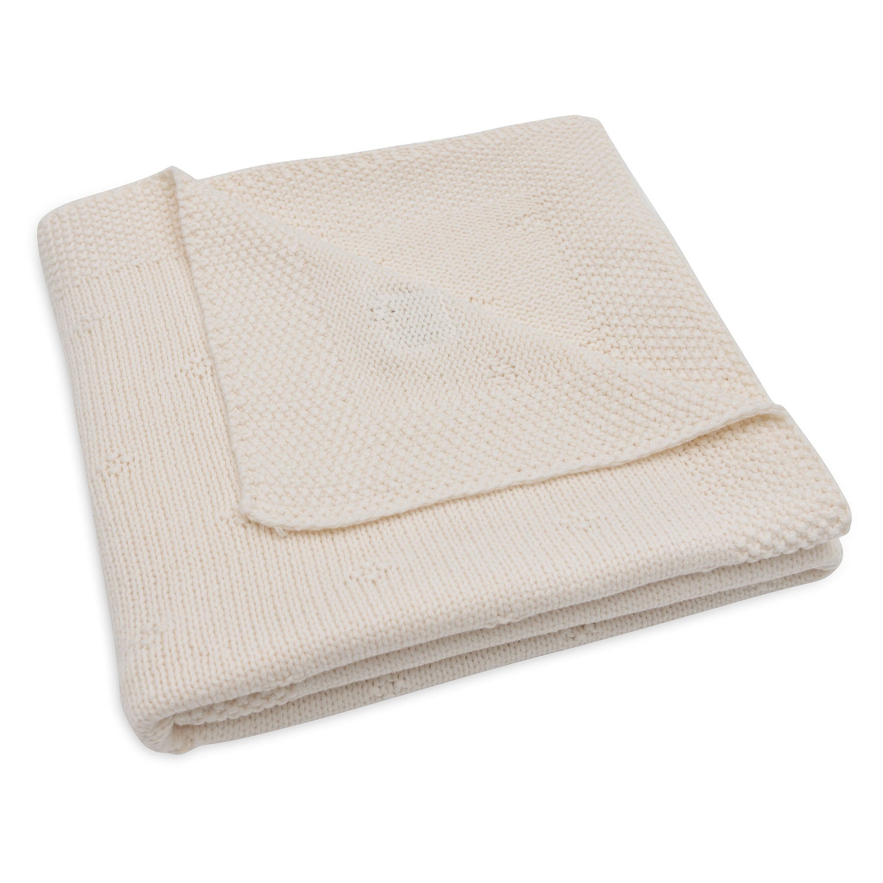 Opgevouwen Cosy Knit Velvet wiegdeken van Jollein in ivory, warme gebreide babydeken voor de wieg en babykamer.