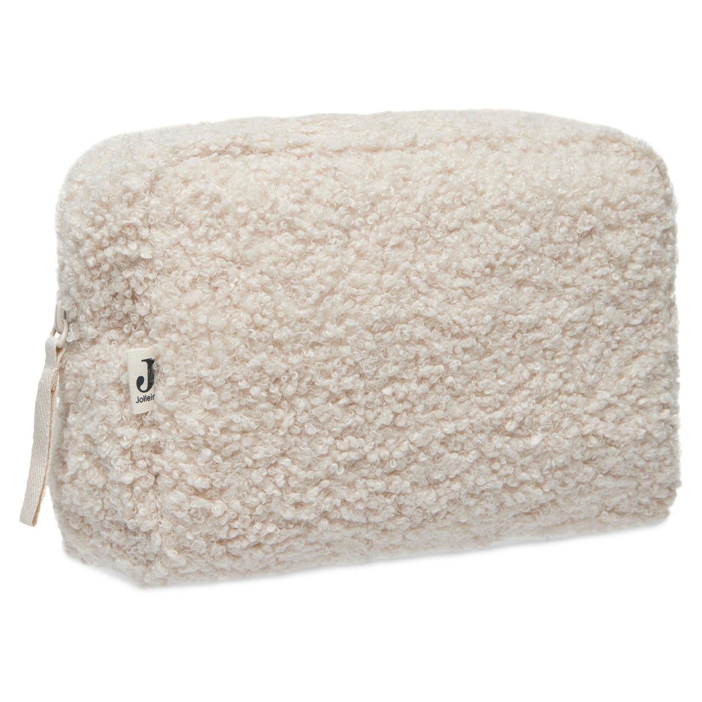 Zijaanzicht van het etui boucle naturel (beige) van Jollein, multifunctioneel opbergtasje voor onderweg en leuk als gepersonaliseerd cadeau.
