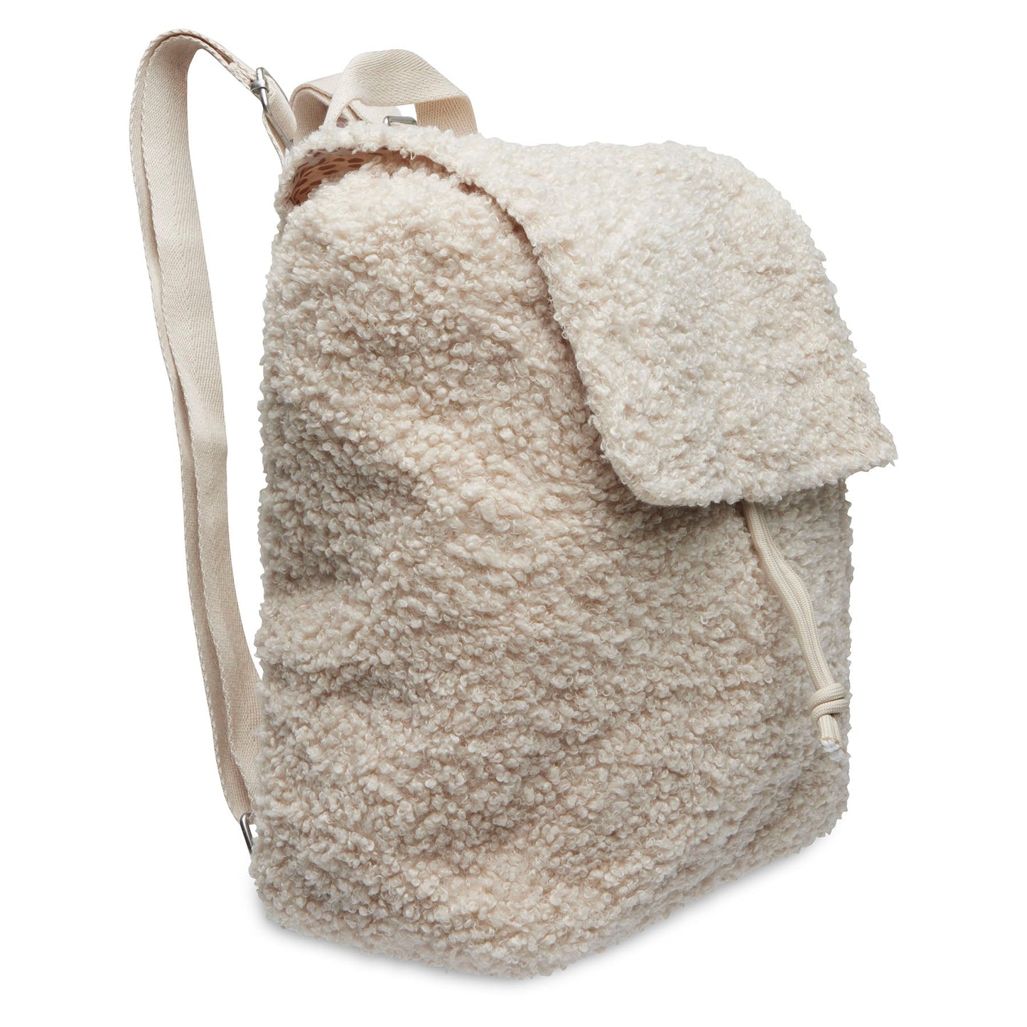 Peuterrugzakje geborduurd met naam van het merkje Jollein. Zijkant rugtasje bouclé naturel van Jollein, trendy kinderrugzakje voor school, opvang, kamp of uitstapjes
