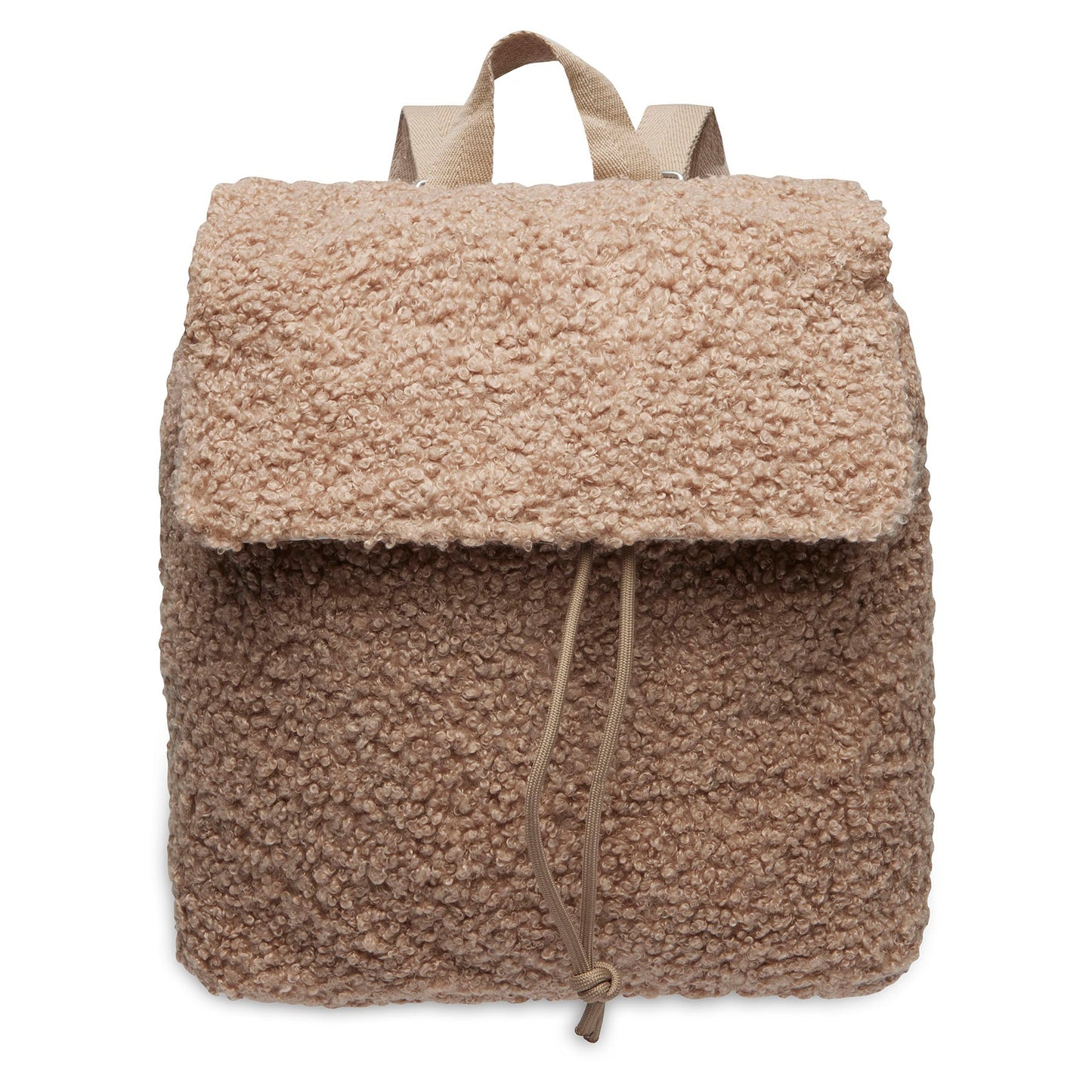 Voorkant rugtasje bouclé in biscuit van Jollein, trendy kinderrugzakje voor school, opvang, kamp of uitstapjes
