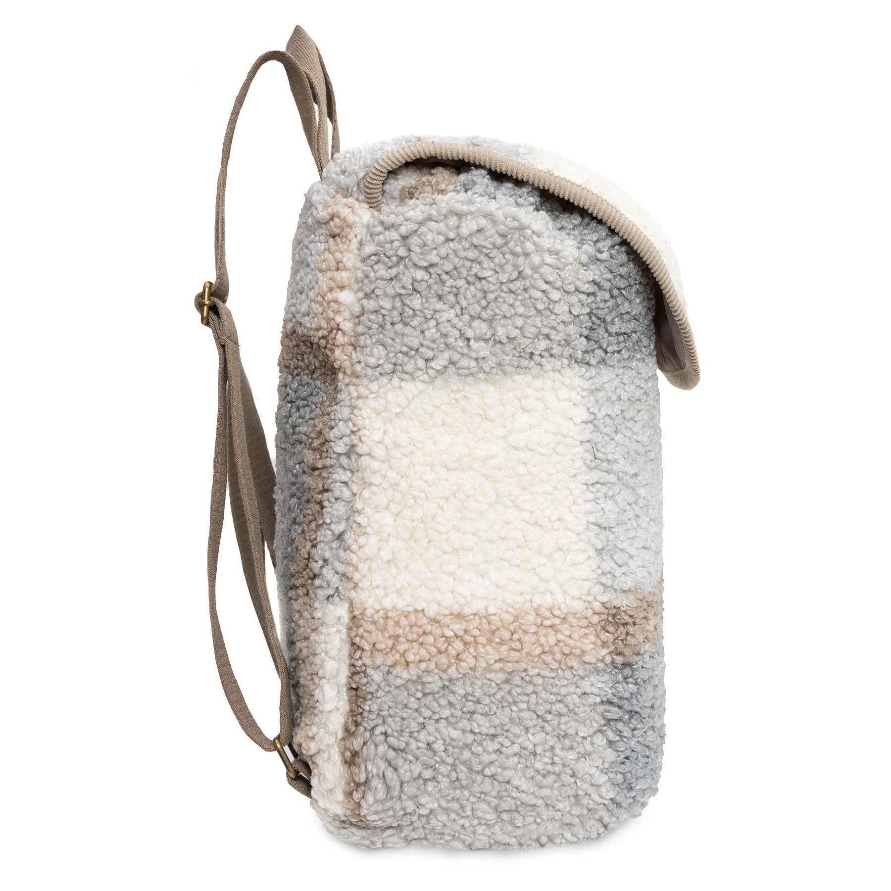 Zijaanzicht van het Rugtasje Check Bouclé van Jollein, zacht rugzakje met bouclé stof en compact formaat voor kinderen