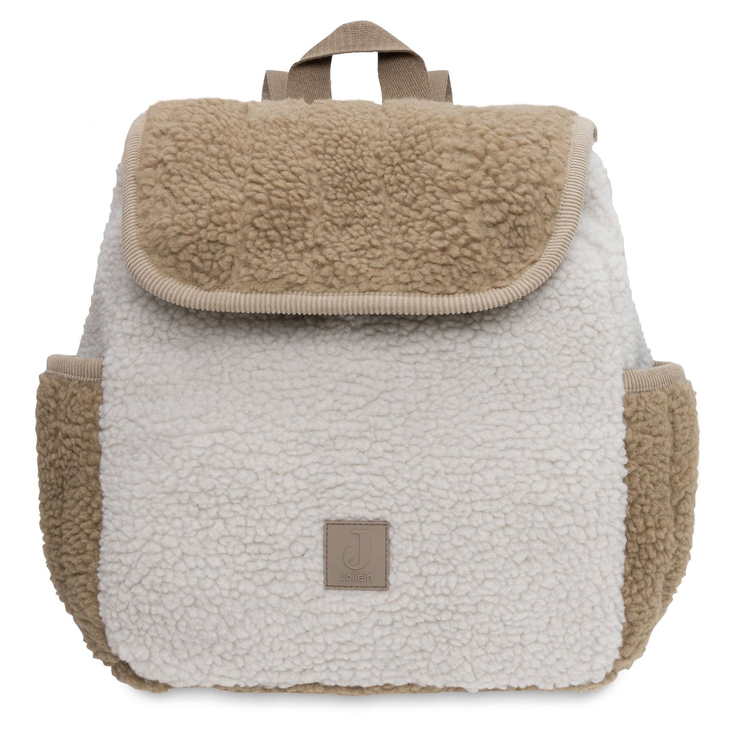 Peuterrugtasje Colourblock van Jollein in naturel tinten, zacht kinderrugzakje in teddy stof voor opvang, school of uitstapjes bij www.krea-haus.be